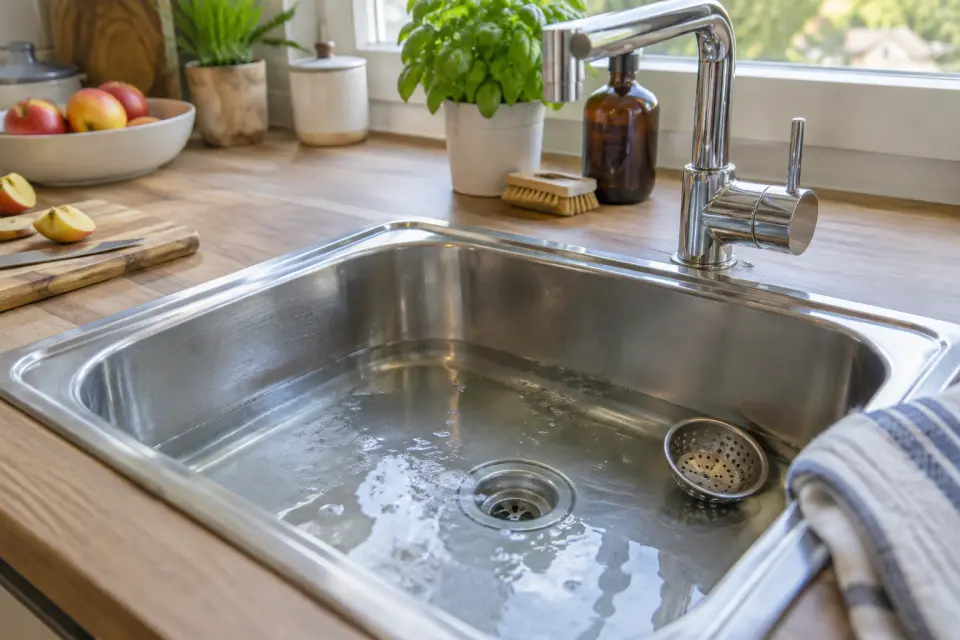 Küchenspüle mit langsam ablaufendem Wasser und herausgenommenem Abflusssieb