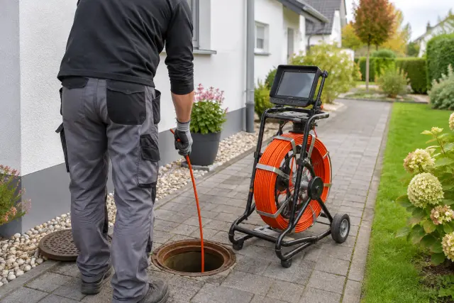 Inspektionskamera an einer geöffneten Revisionsöffnung neben einem Wohnhaus